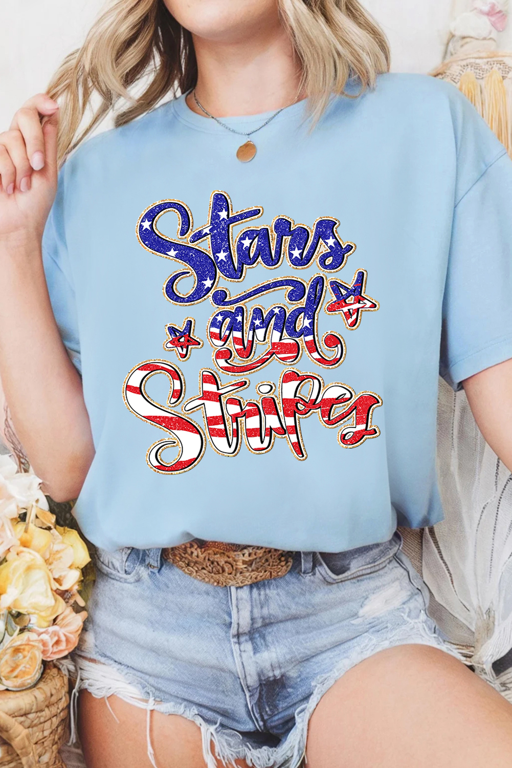 Light Blue Stars and Stripes Graphic July 4th Patriotic Tee