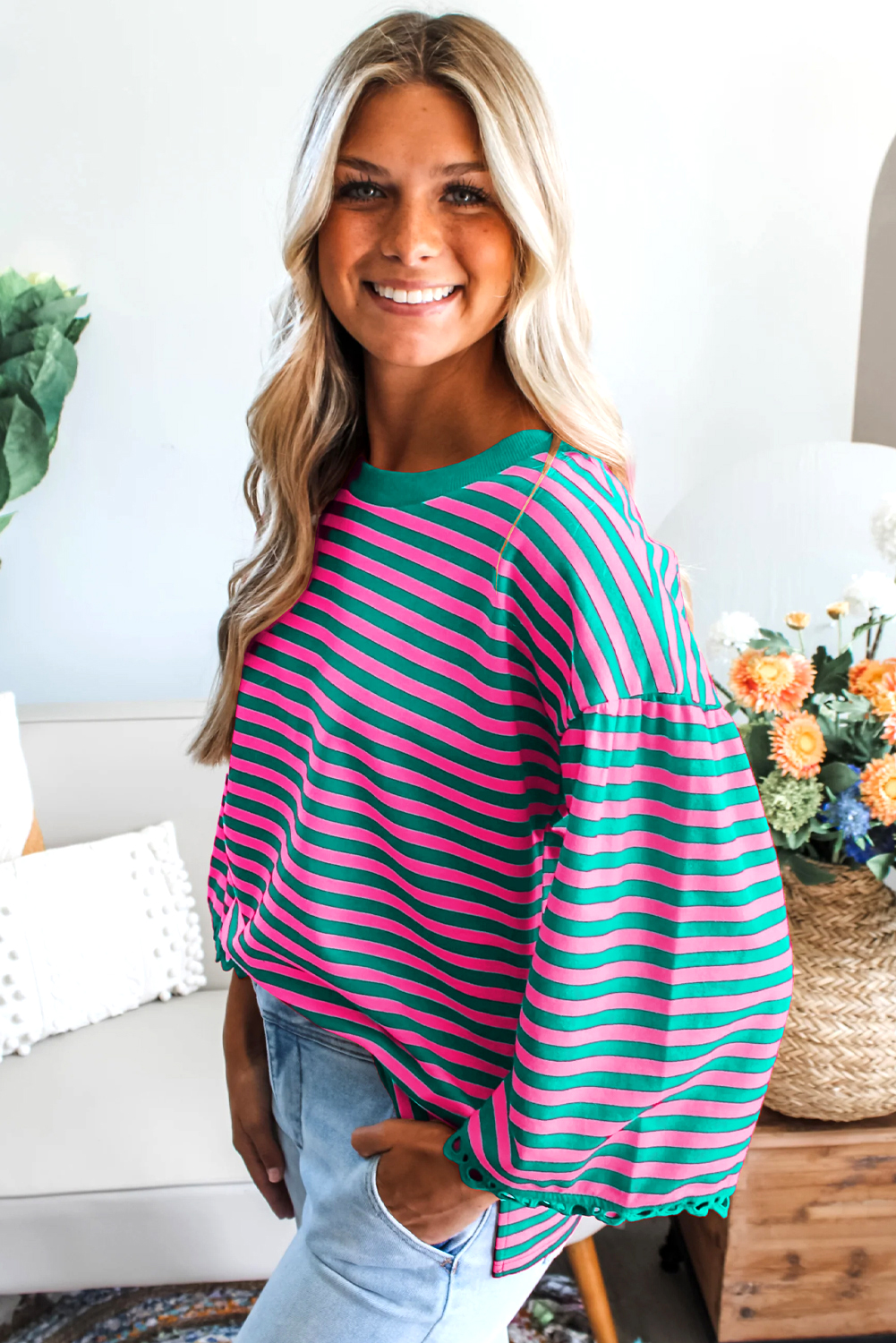 Racing Red Striped Print Drop Shoulder Lace Trim Bracelet Sleeve Loose Top