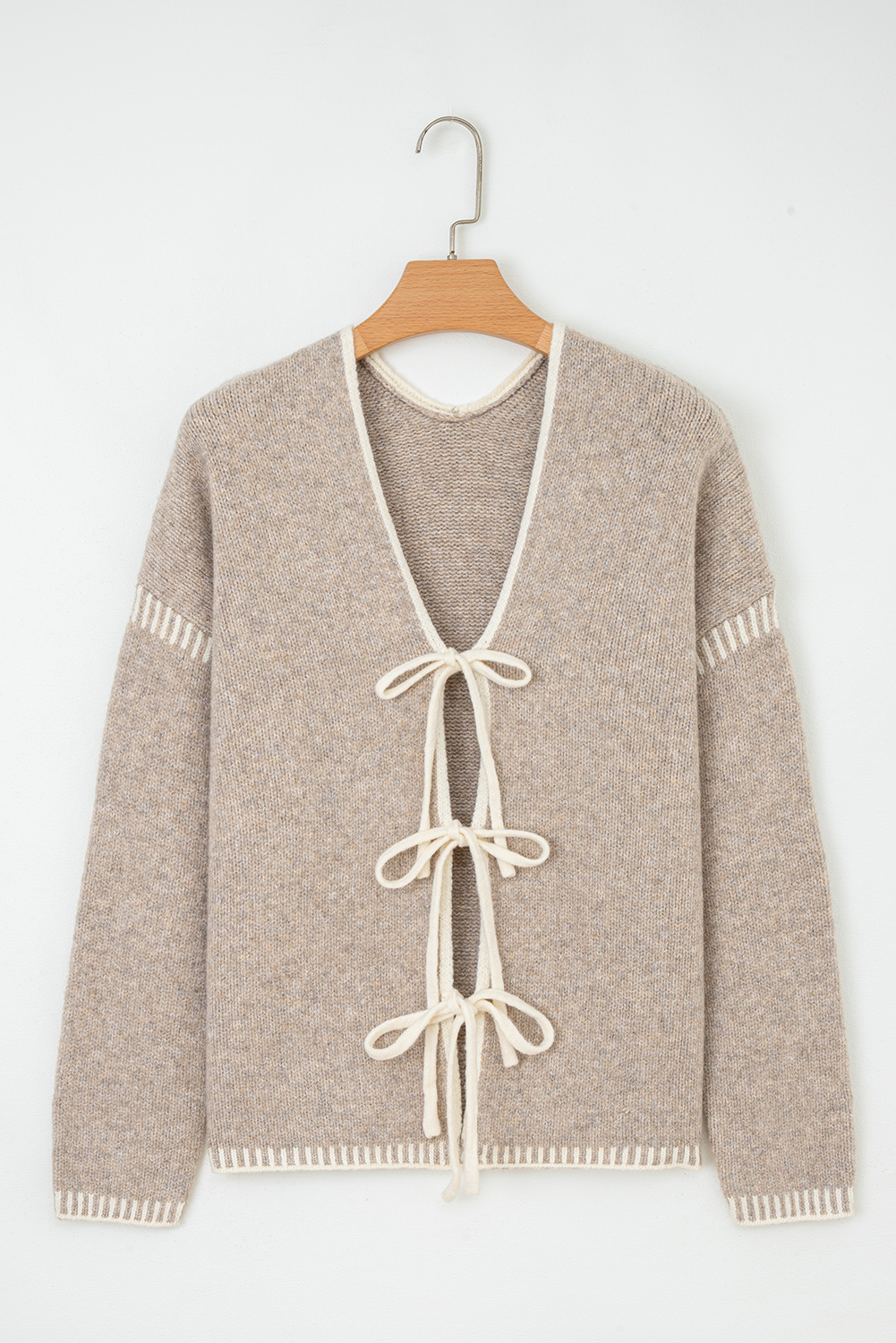 Pale Khaki Tied Front Drop Shoulder Chunky Casual Cardigan