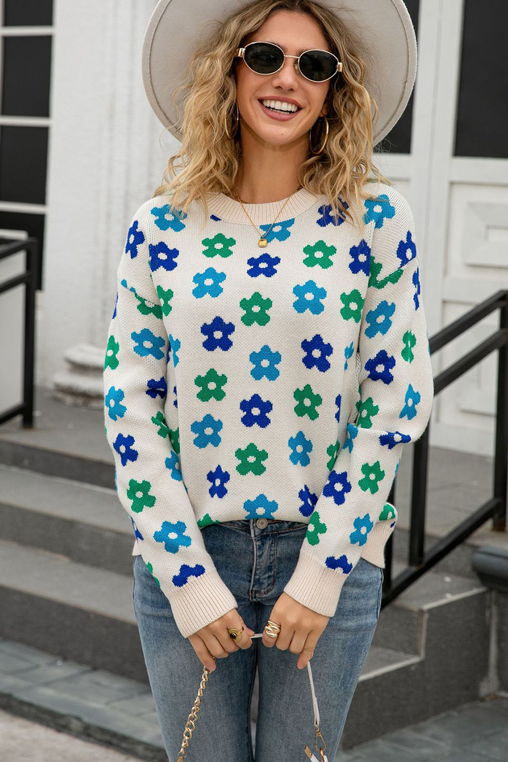 Apricot Cute Flower Allover Ribbed Trimmed Drop Shoulder Pullover Sweater