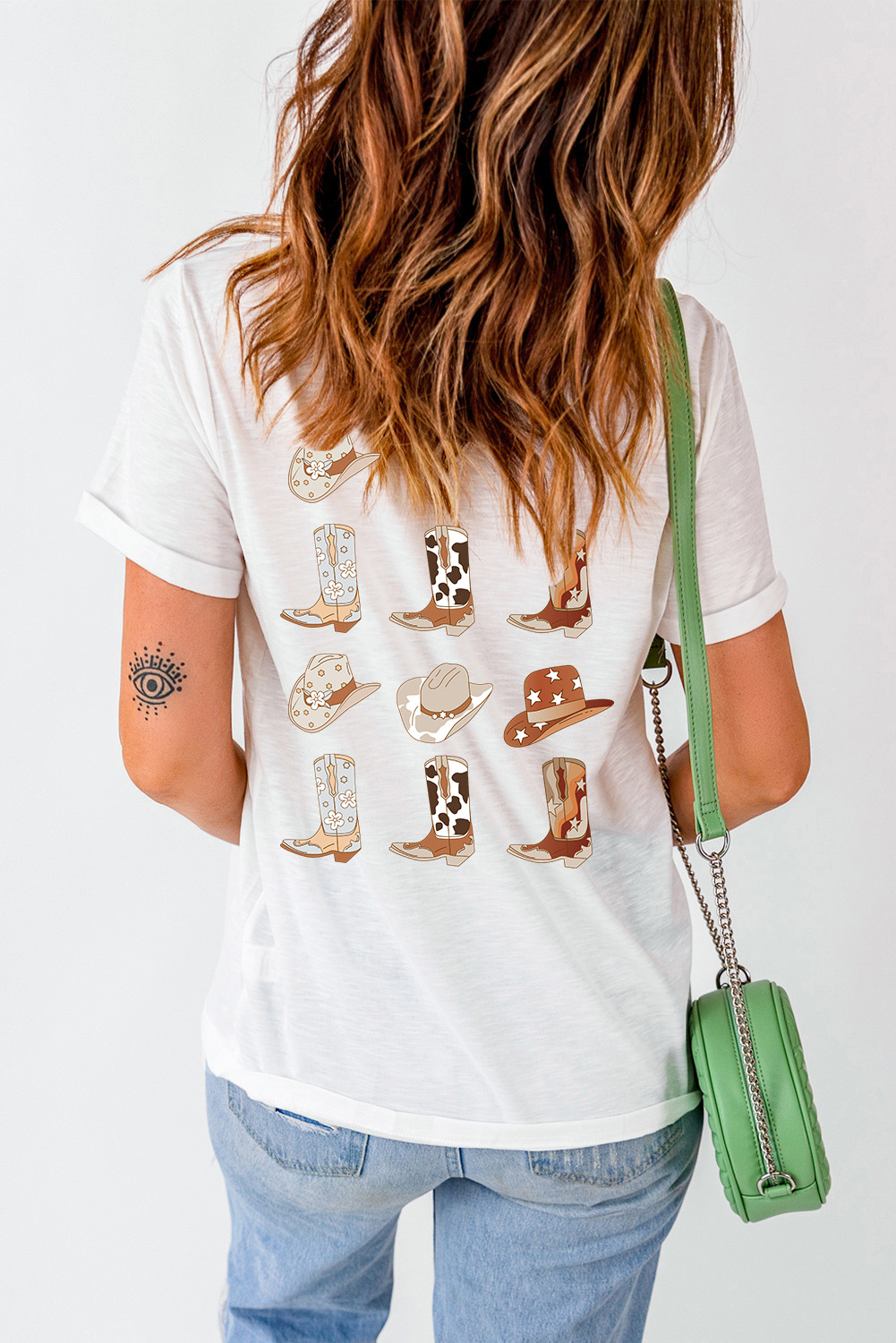 White Western Cowboy Boots Print Round Neck T Shirt
