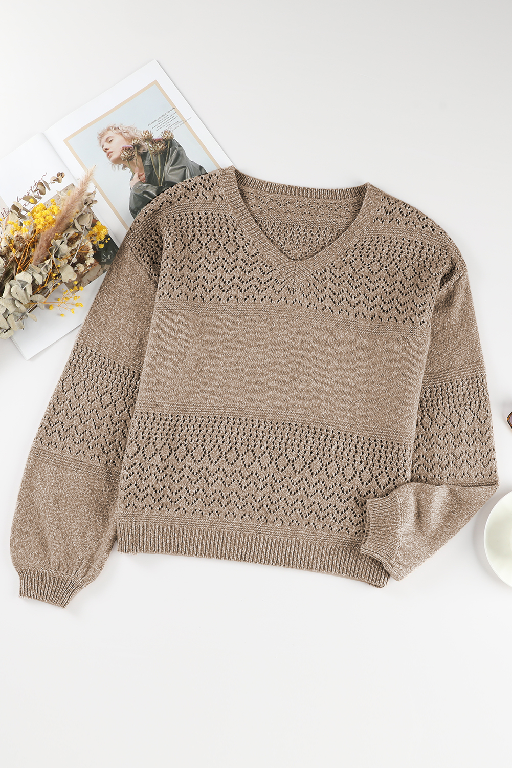 Sky Blue Eyelet Pattern Detail V Neck Drop Shoulder Sweater