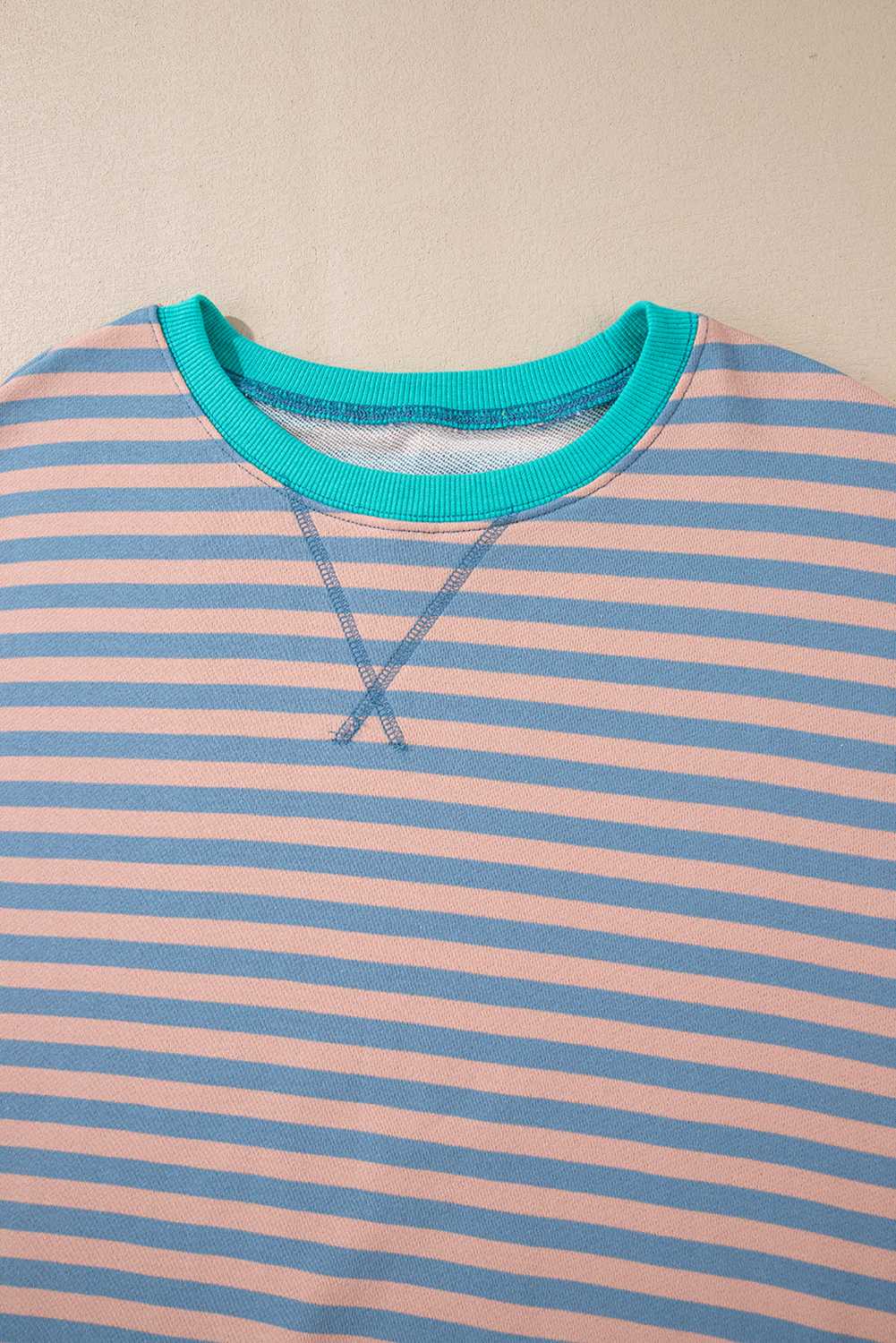 Red Stripe Contrast Ribbed Trim Crossed Stitch Drop Shoulder Sweatshirt