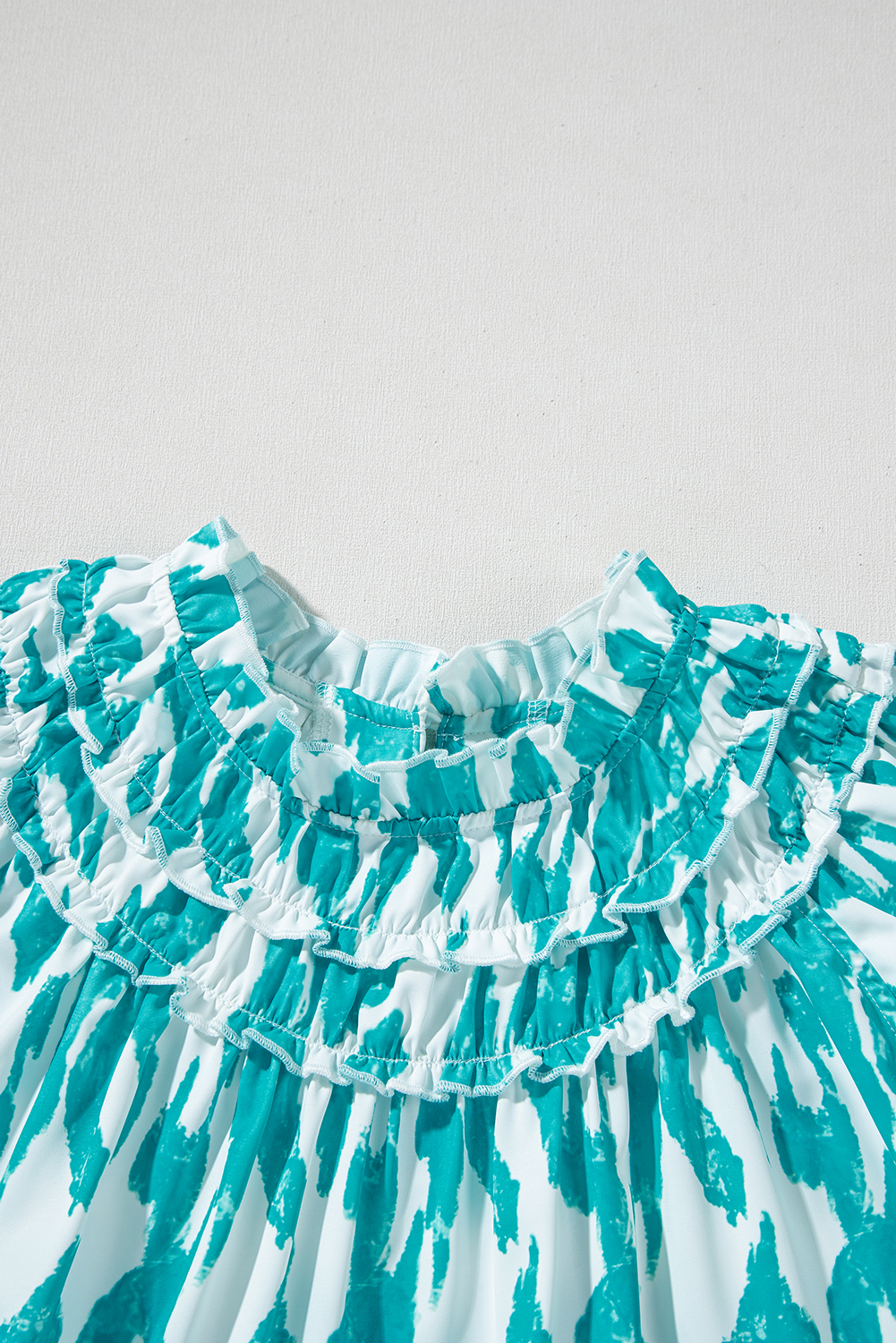 Sky Blue Abstract Print Frilled Crewneck Loose Fit Blouse