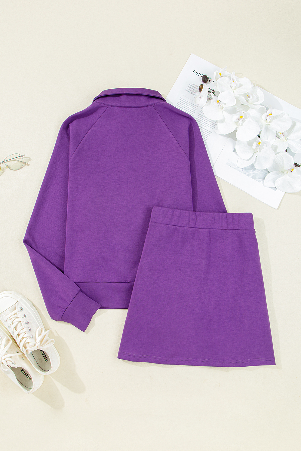 Dark Blue Half Zip Sporty Pullover Mini Skort 2pcs Outfit