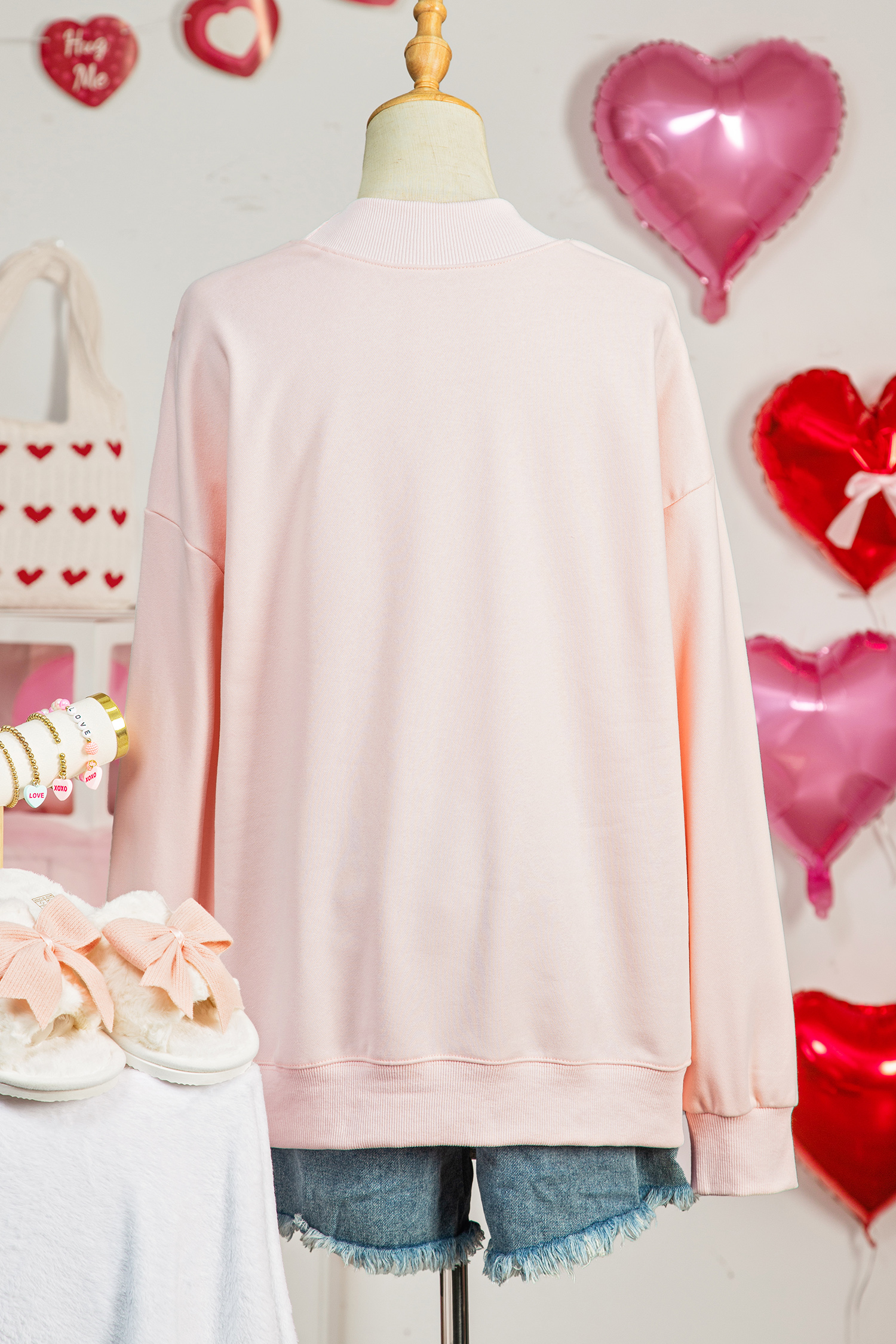 Apricot Pink Cowgirl Element Embroidered Detail Mock Neck Sweatshirt