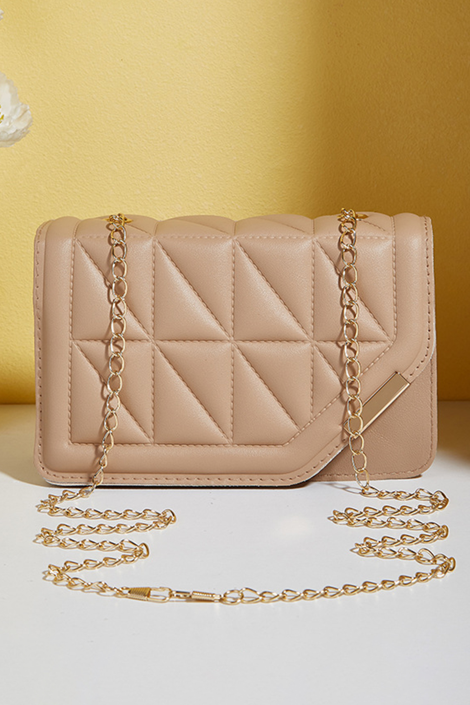 Khaki PU Leather Quilted Texture Asymmetric Cover Chain Strap Square Shoulder Bag