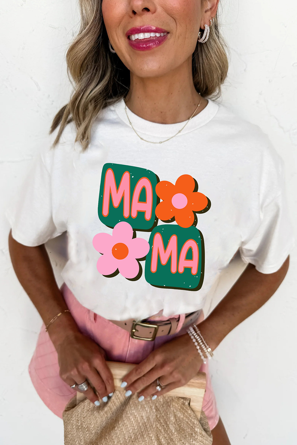 White MAMA Flower Graphic Crewneck Tee
