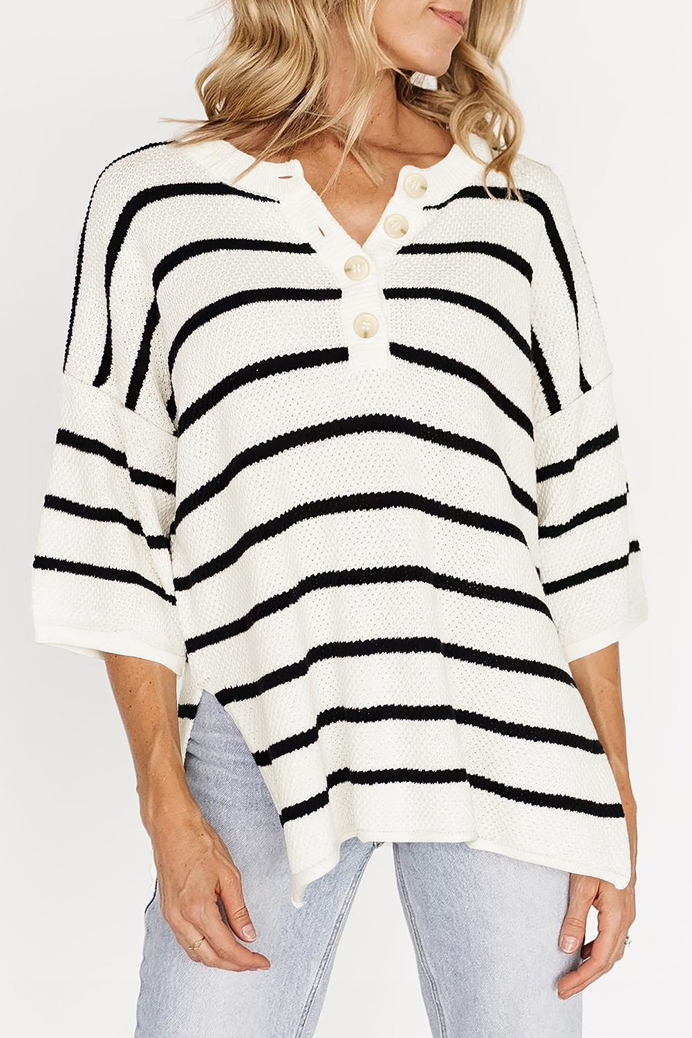 Black Stripe Henley Buttoned Placket Drop Shoulder Bracelet Sleeve Knit Sweater Tee