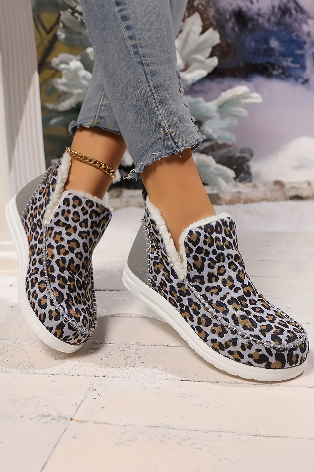 Brown Leopard Print Ankle Patched Flat Winter Fur Boots