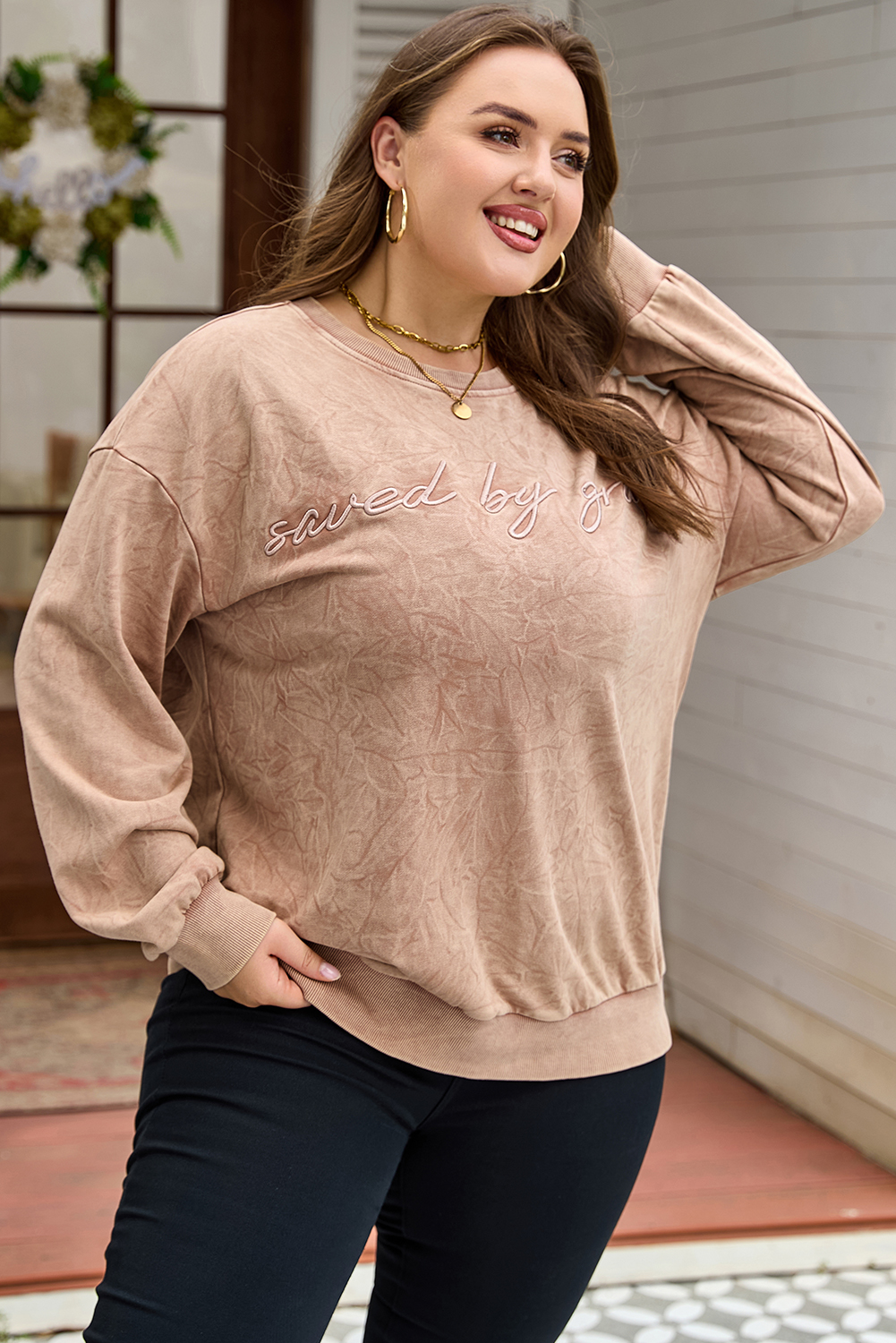 DUNE saved by grace Letter Embroidery Mineral Wash Loose Sweatshirt