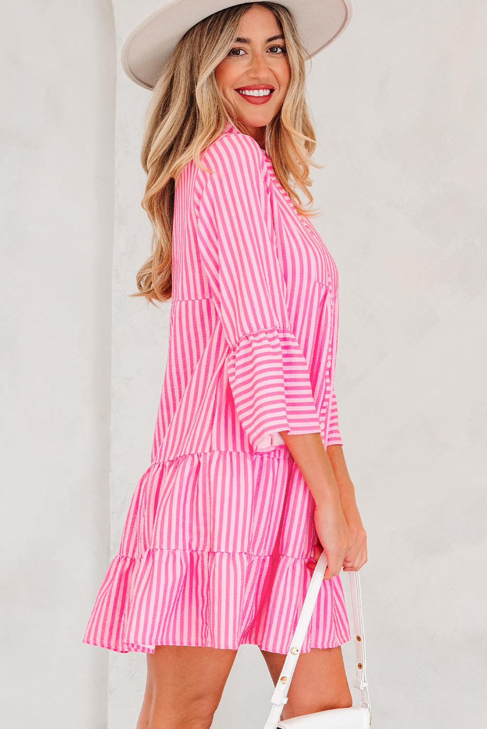 Pink Stripe Flare Sleeve Half Placket Tiered Flowy Mini Dress