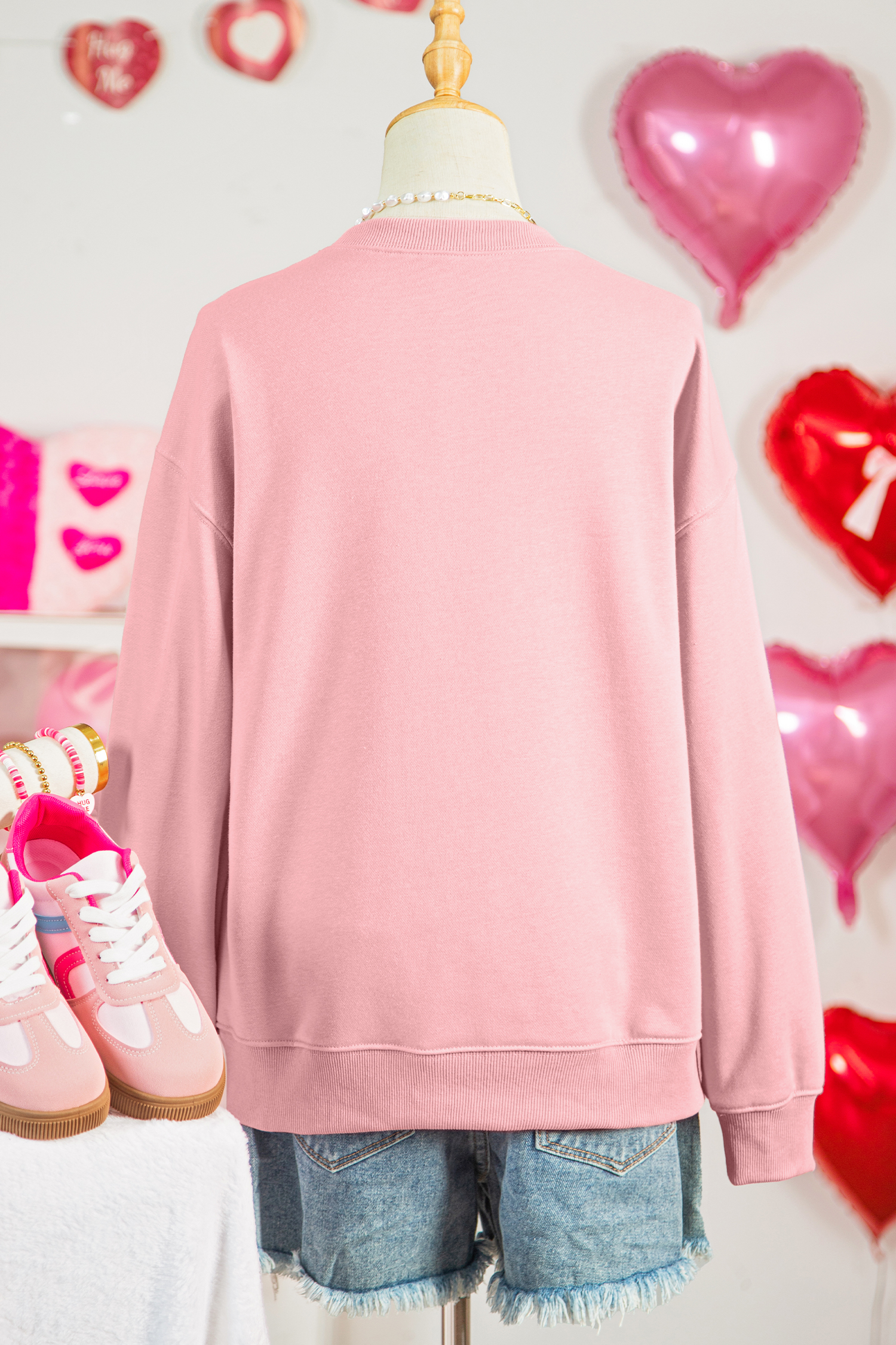 Pink LOVE In Hearts Embroidered Graphic Sweatshirt