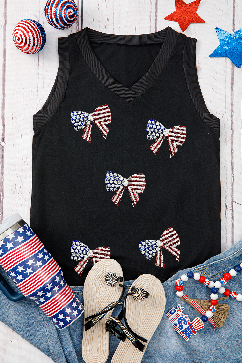 Black Flag Inspired Sequin Bow Patched V Neck Tank Top