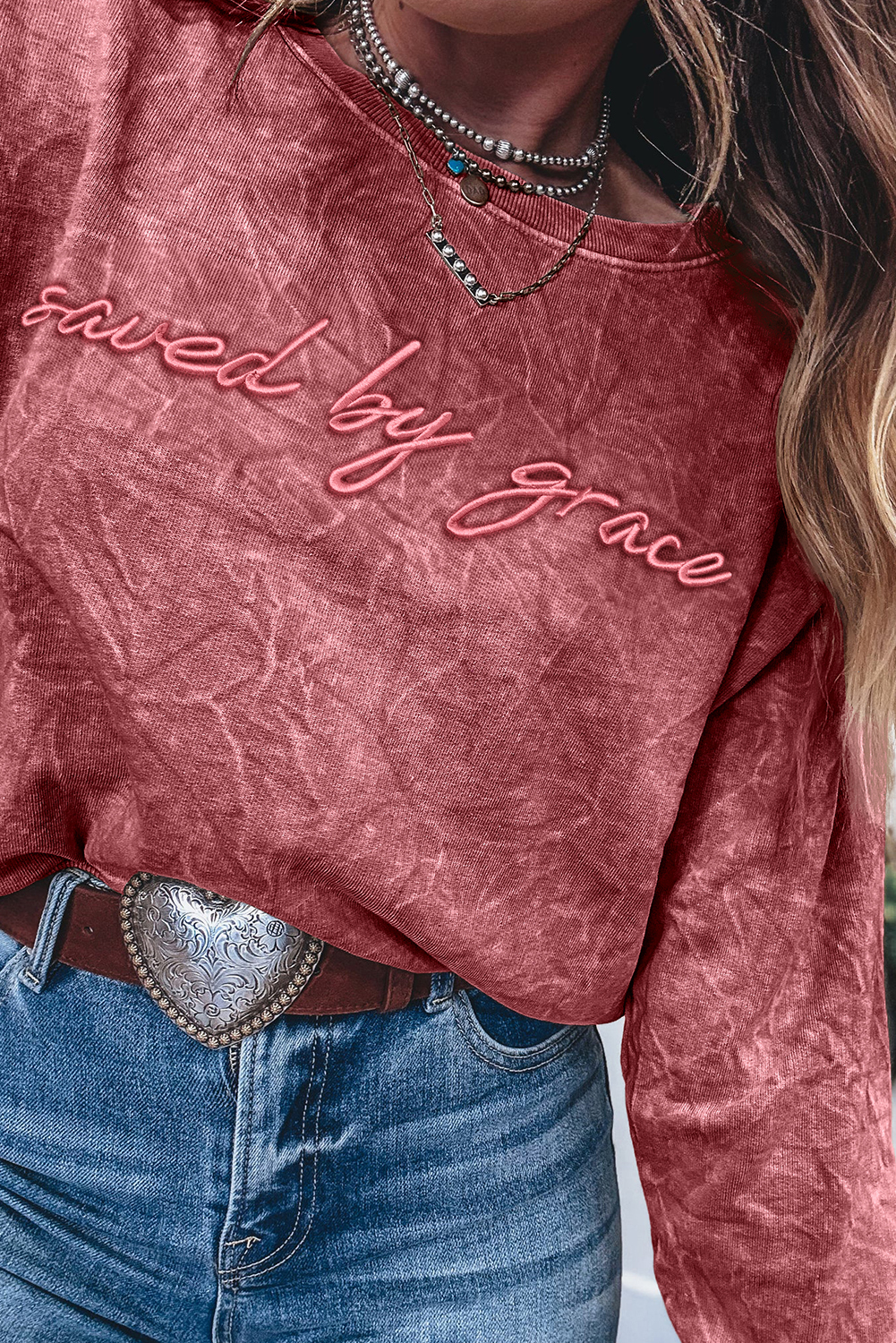 DUNE saved by grace Letter Embroidery Mineral Wash Loose Sweatshirt