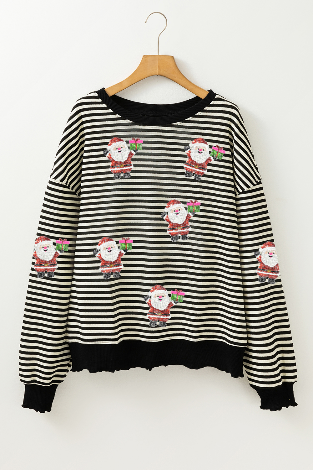 Black Stripe Santa Delivery Gift Sequin Patched Graphic Long Sleeve Top
