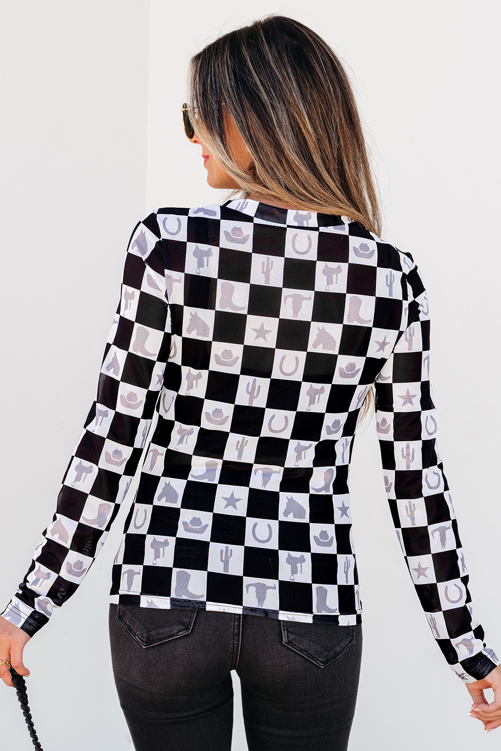 Khaki Checkered Pattern Mesh Mock Neck Long Sleeve Top