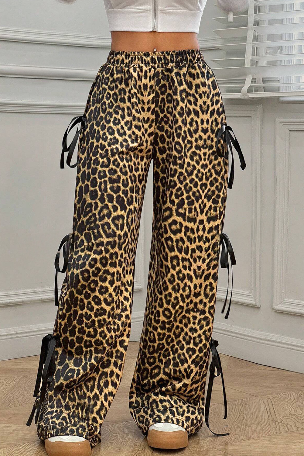 Brown Leopard Print Bow Tie Elastic Waistband Loose High Waist Pants