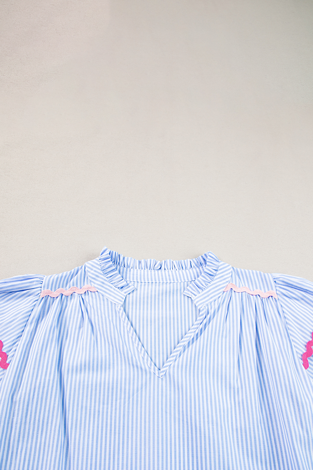 Sky Blue Stripe Ricrac Trim Split Neck Striped Ruffled Sleeve Blouse