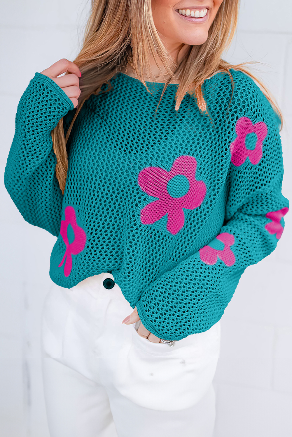 Light Pink Big Flower Hollowed Knit Drop Shoulder Sweater