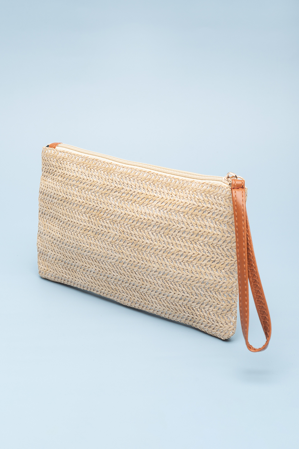 Oatmeal Straw Woven Wrist Strap Zipper Large Wallet