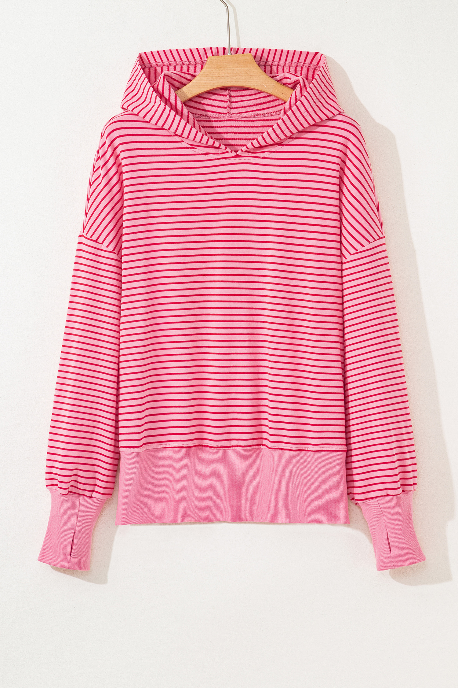 Purple Stripe Thumbhole Side Slits Drop Shoulder Loose Fit Hoodie