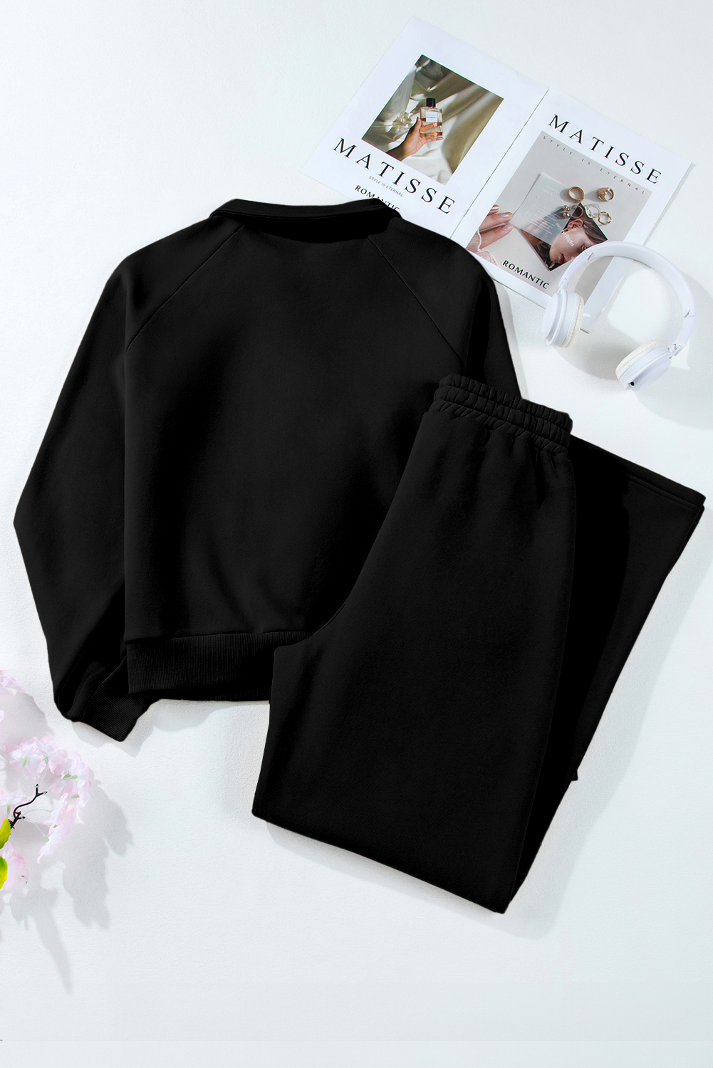 Dark Brown Solid Collared Sweatshirt and High Waist Pants Active Set