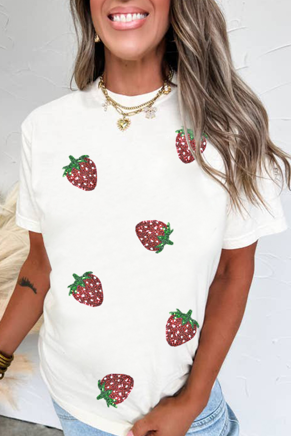 White Sequin Bow Strawberry Graphic Crew Neck T Shirt