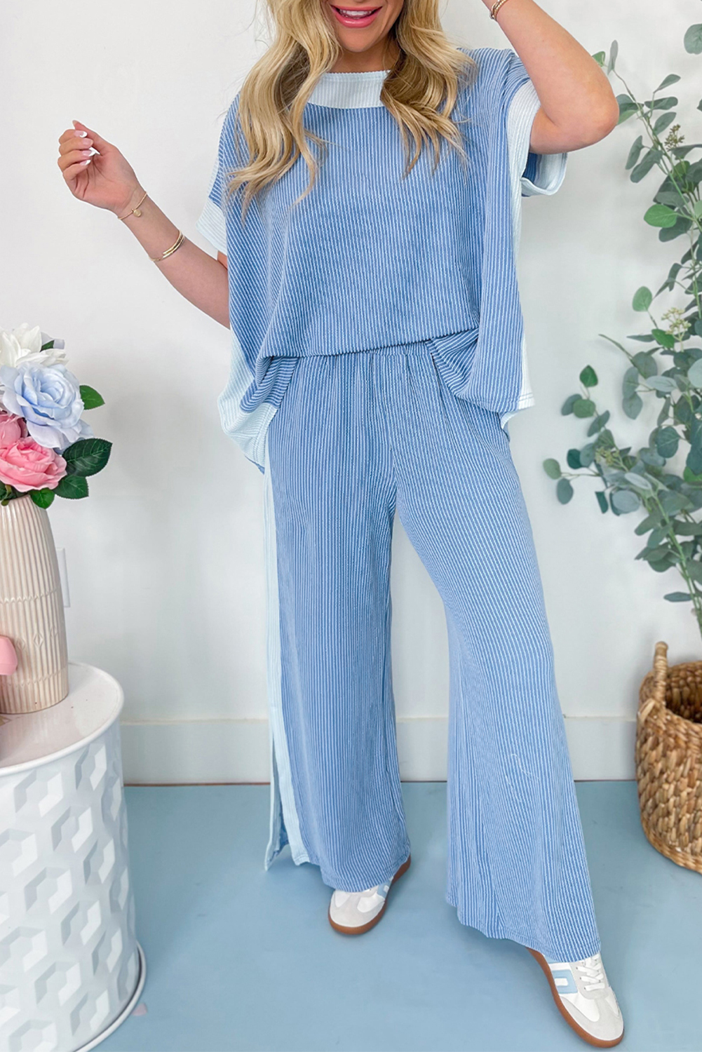 Sky Blue 2-tone Colorblock Patchwork Corded 2pcs Outfit