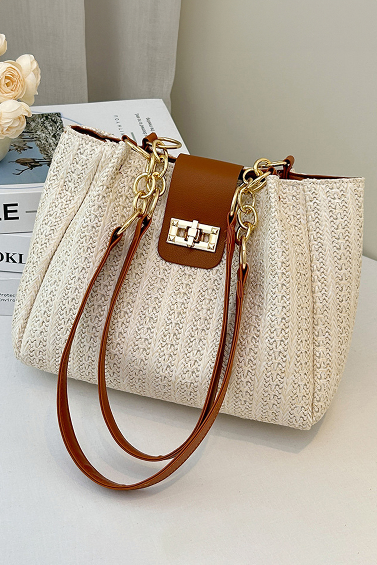 Coffee PU Leather Chain Handle Woven Textured Knit Tote Bag