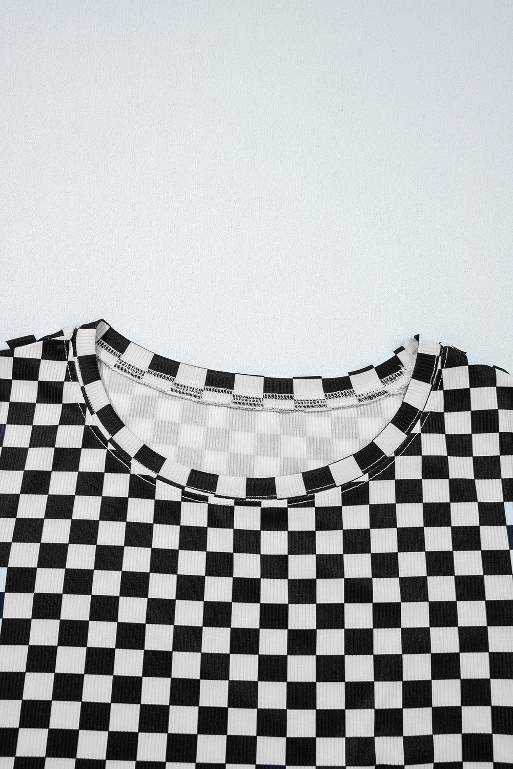 Pink Checkered Ribbed Slim Fit Crew Neck T Shirt