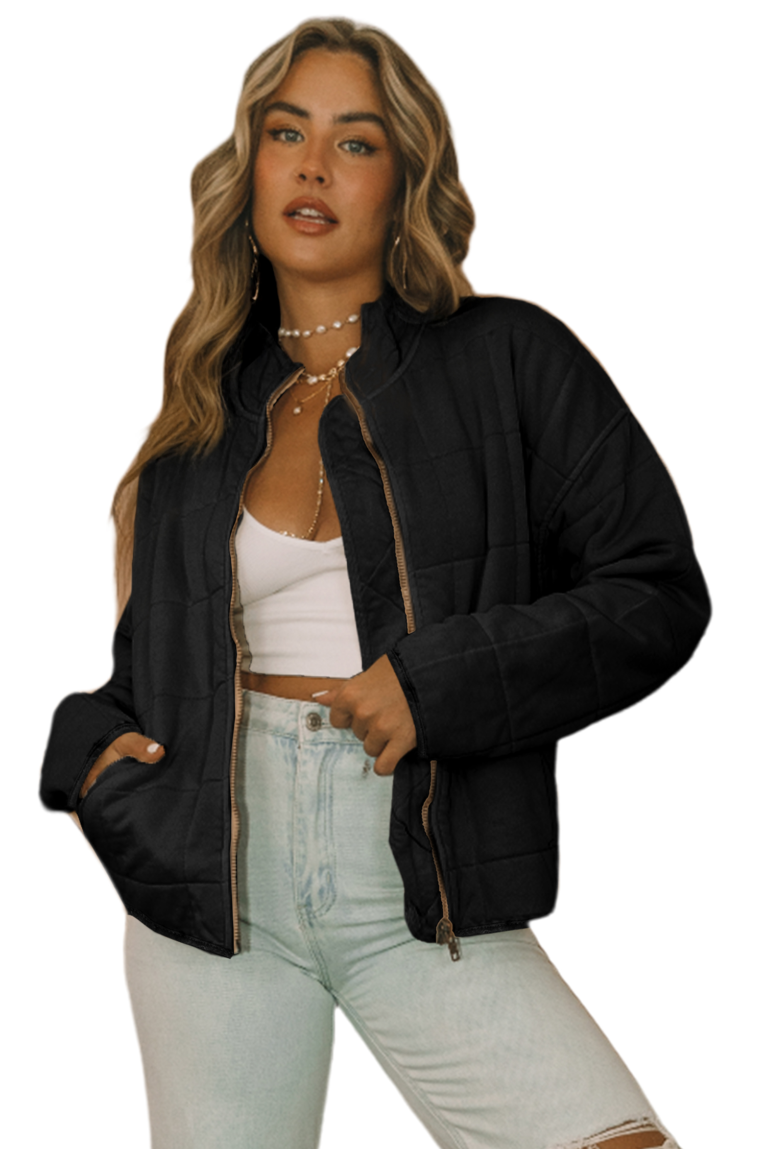 Khaki Zip-Up Pocket Quilted Jacket