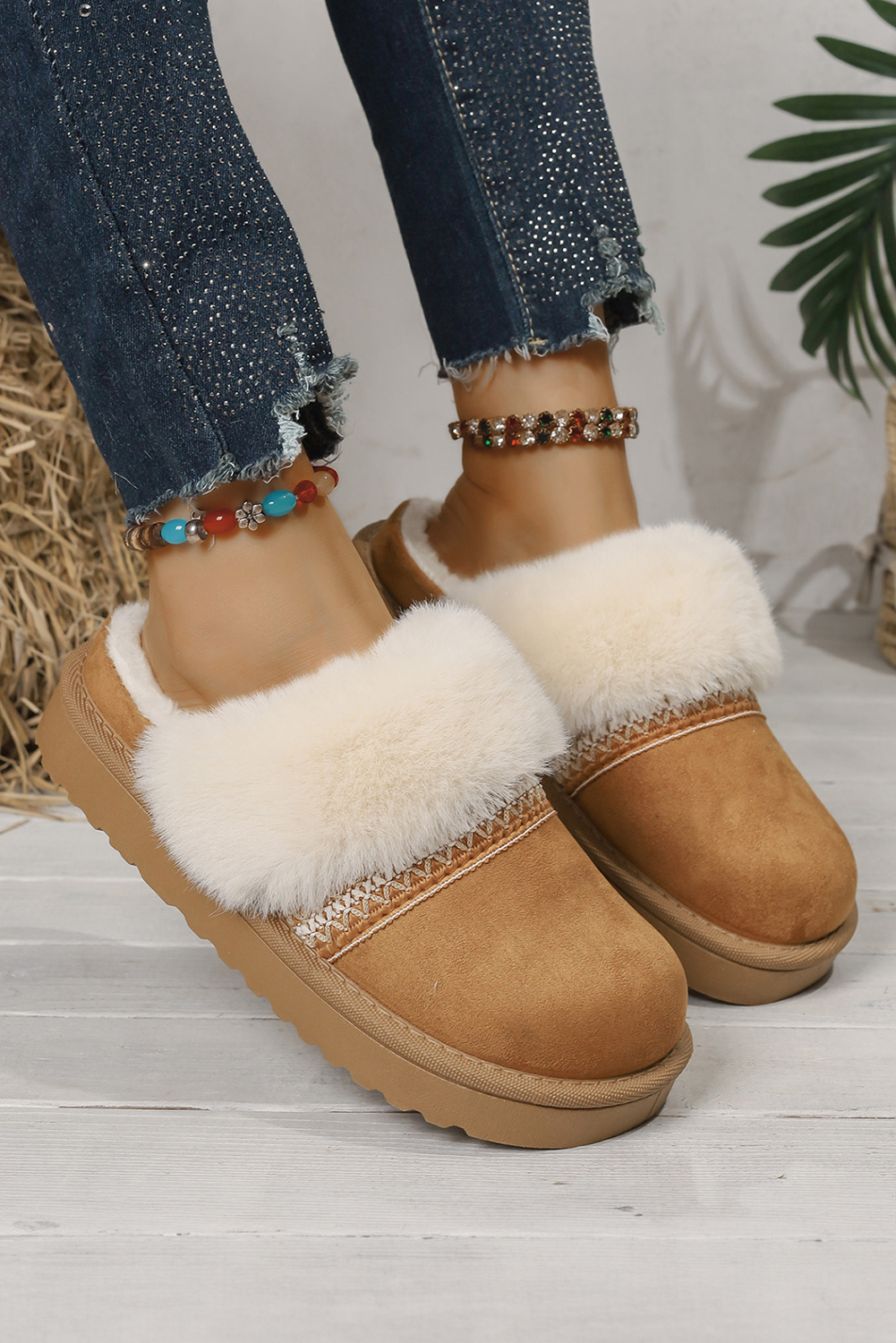 White Faux Suede Plush Trim Ethnic Mule Slippers