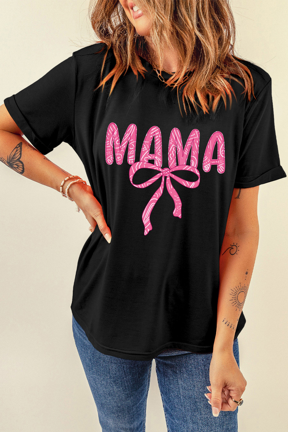 Black MAMA Ribbon Bowknot Graphic Crewneck T Shirt