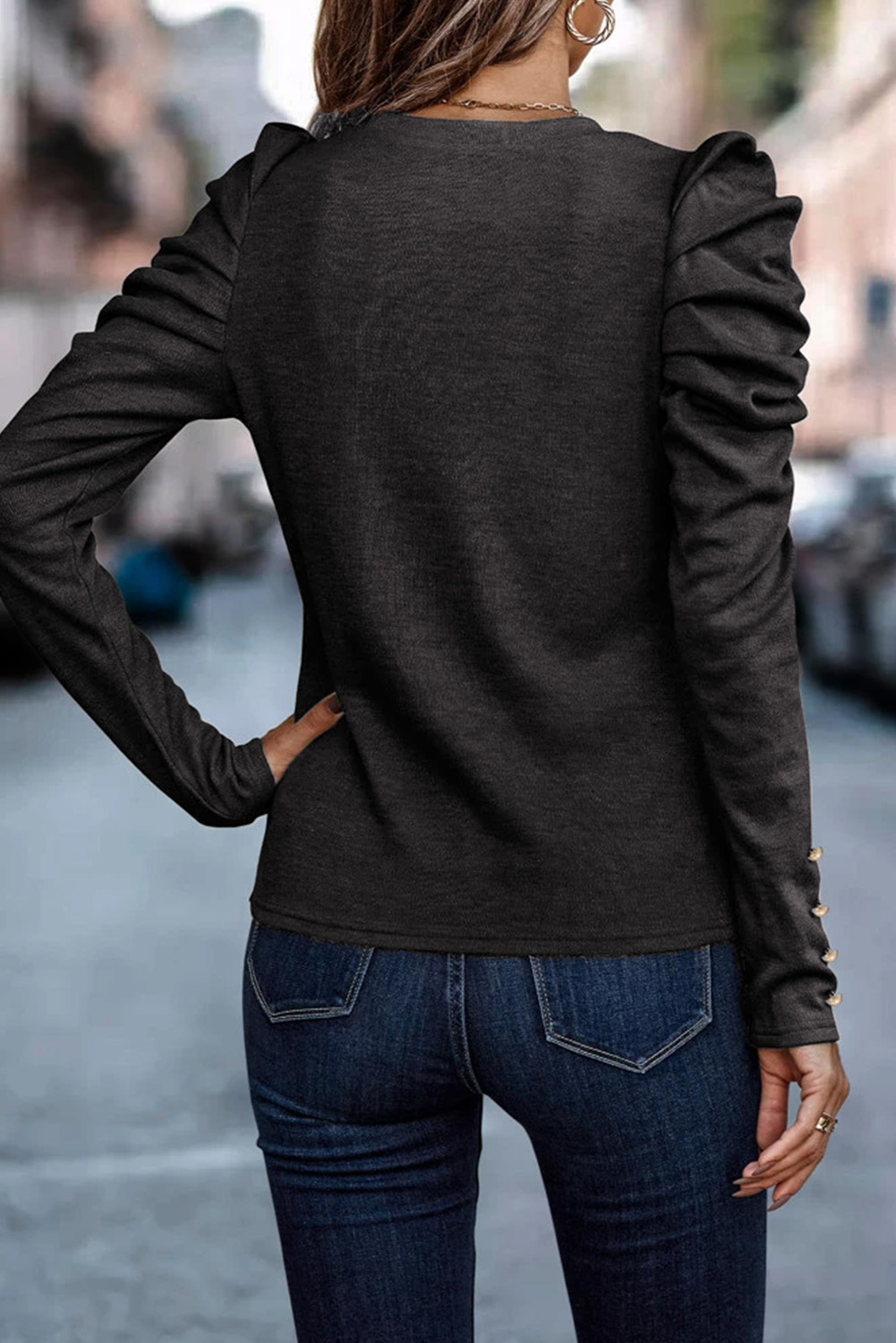 Green Buttoned Puff Long Sleeve Sheath Top