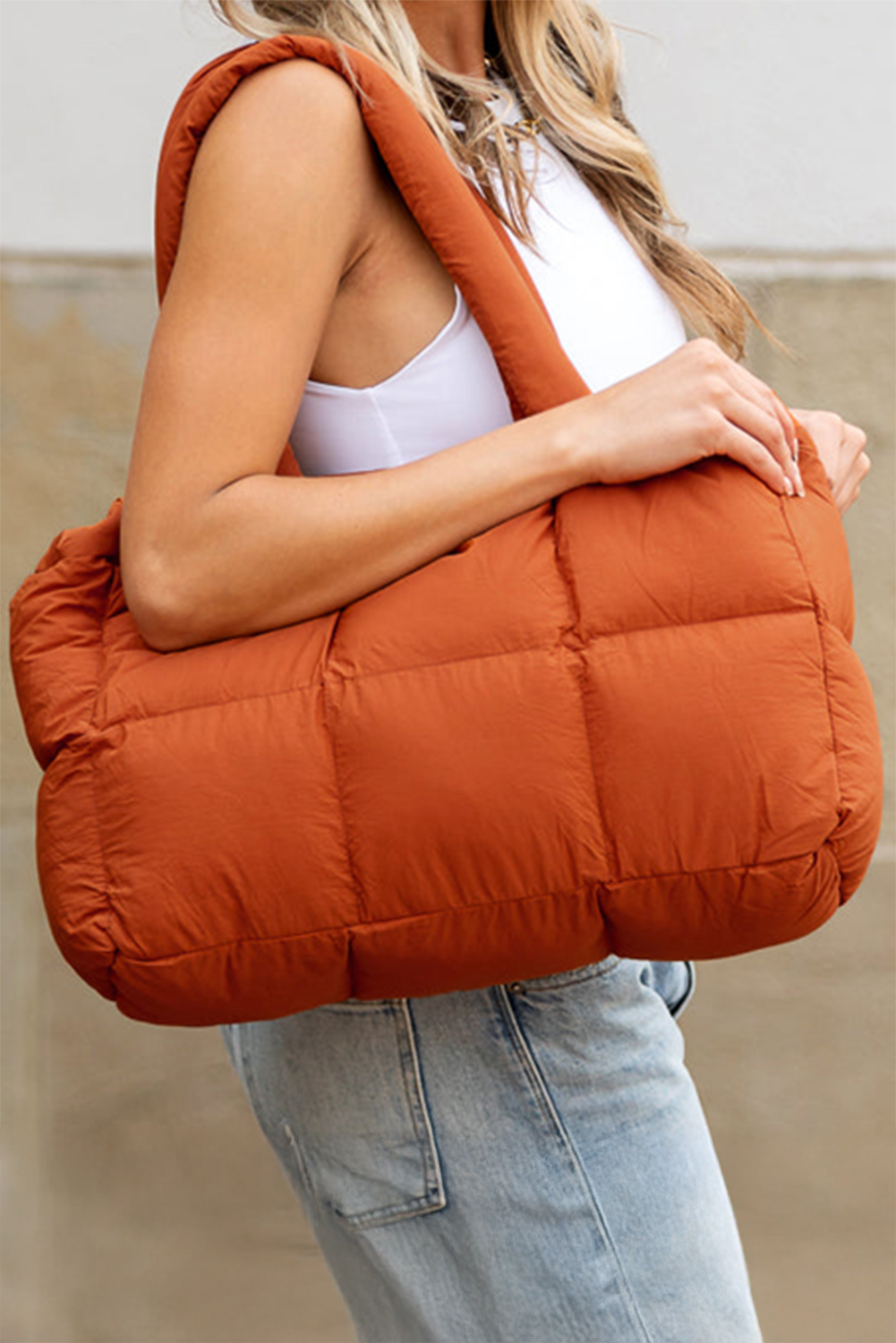 White Solid Quilted Puffy Zipped Large Tote Bag