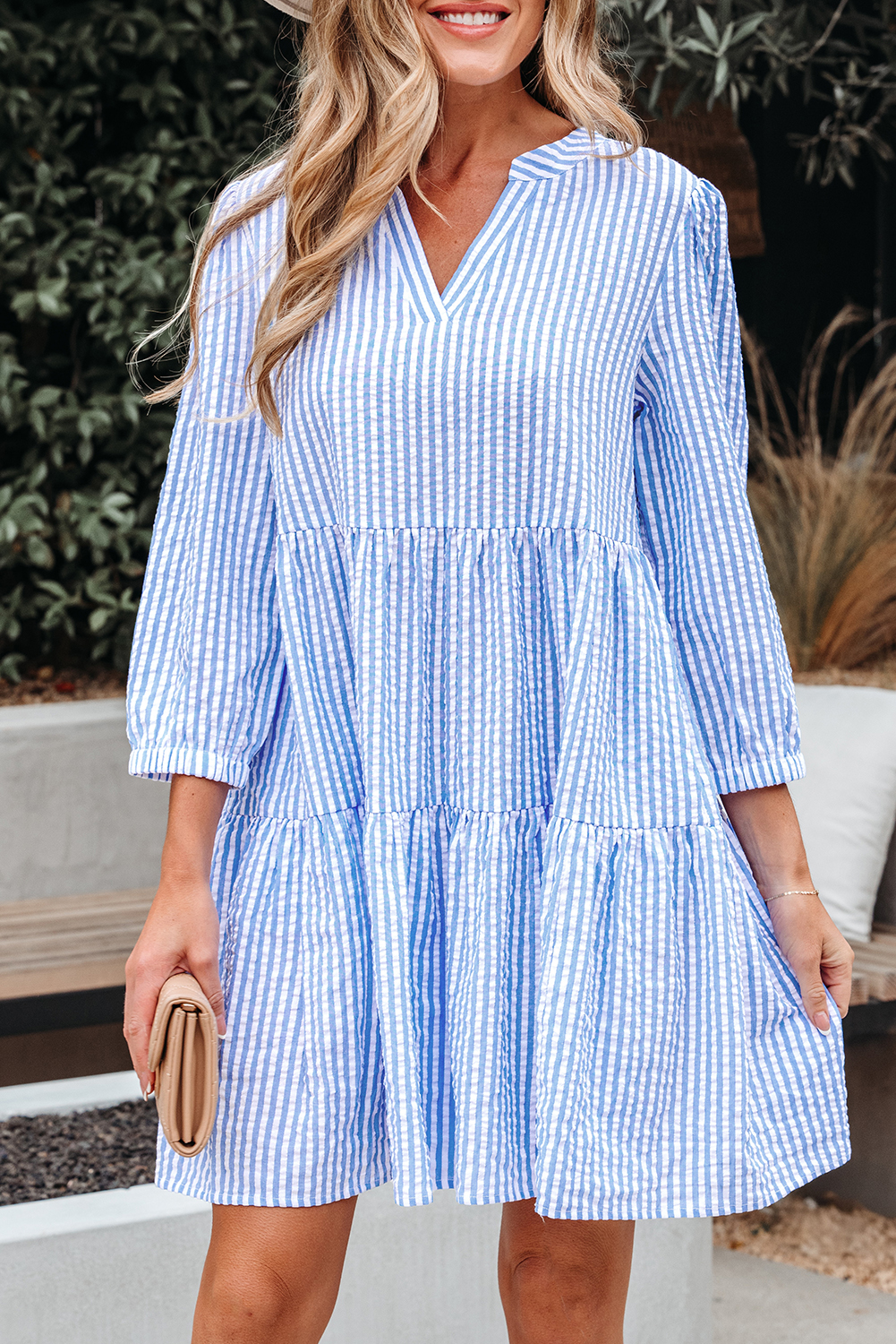 Sky Blue Stripe Bracelet Sleeve Tiered Shift Dress with Pockets