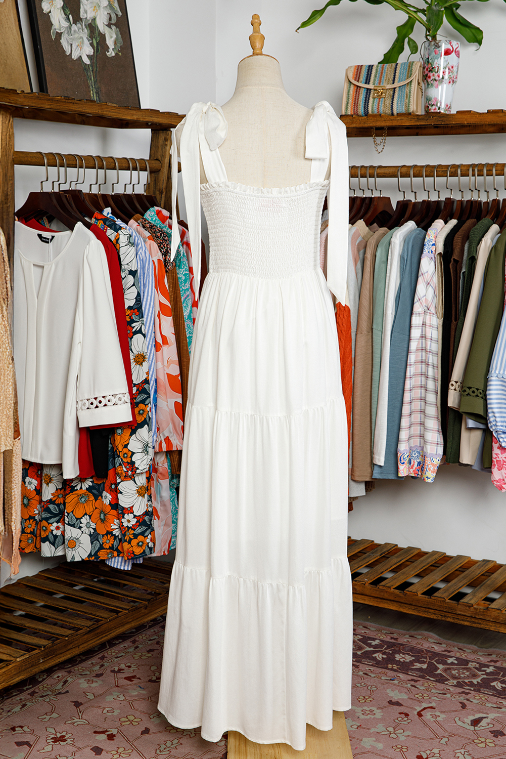 White Customizable Knot Straps Smocked Bodice Tiered Blank Maxi Dress