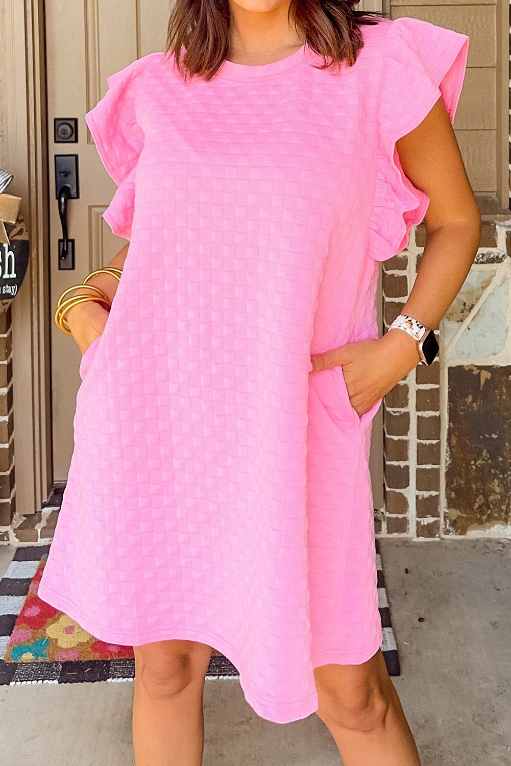 Pink Textured Ruffled Sleeve Shift Summer Dress with Pockets
