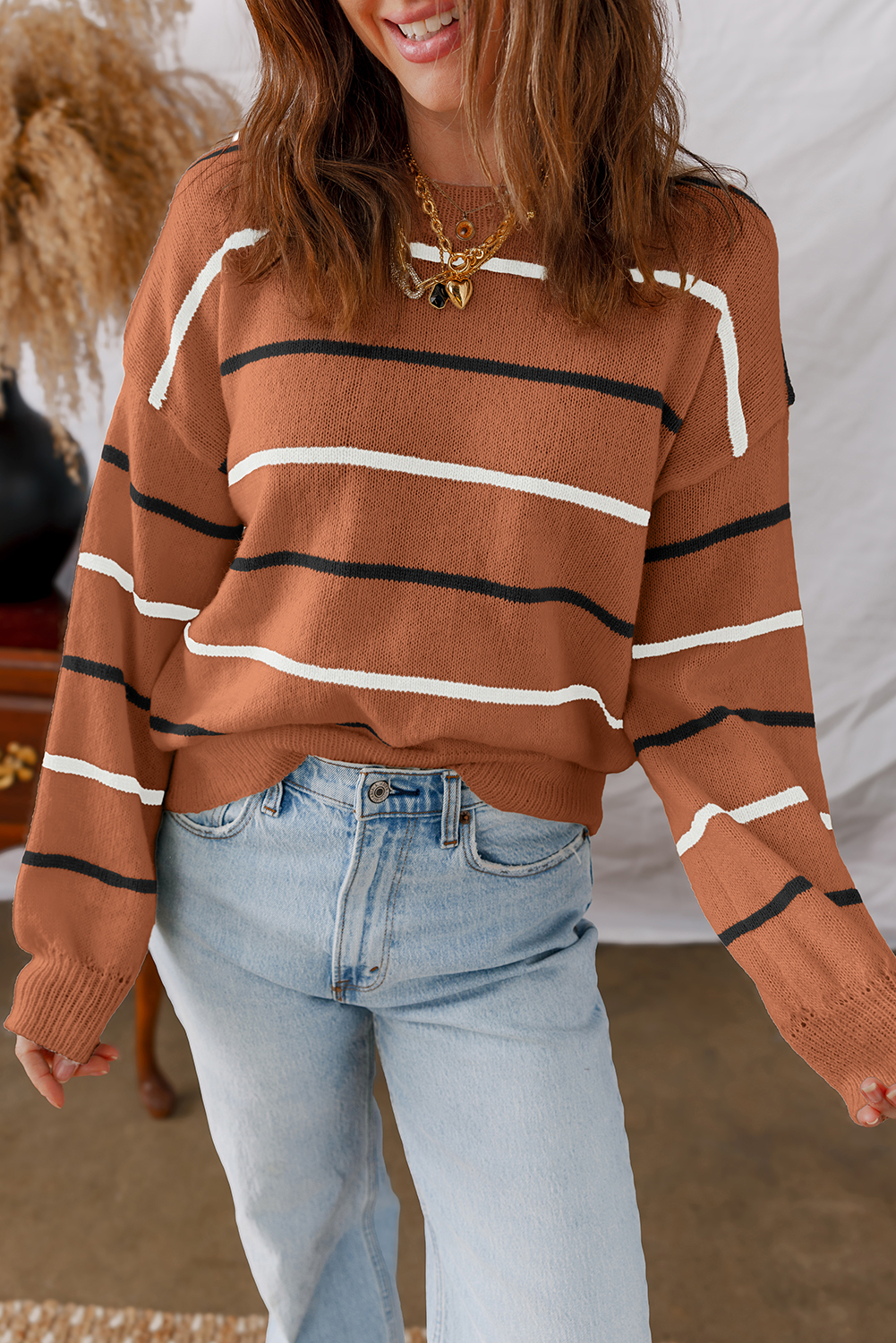 Multicolour Striped Buttoned Front V Neck Drop Shoulder Cardigan Sweater
