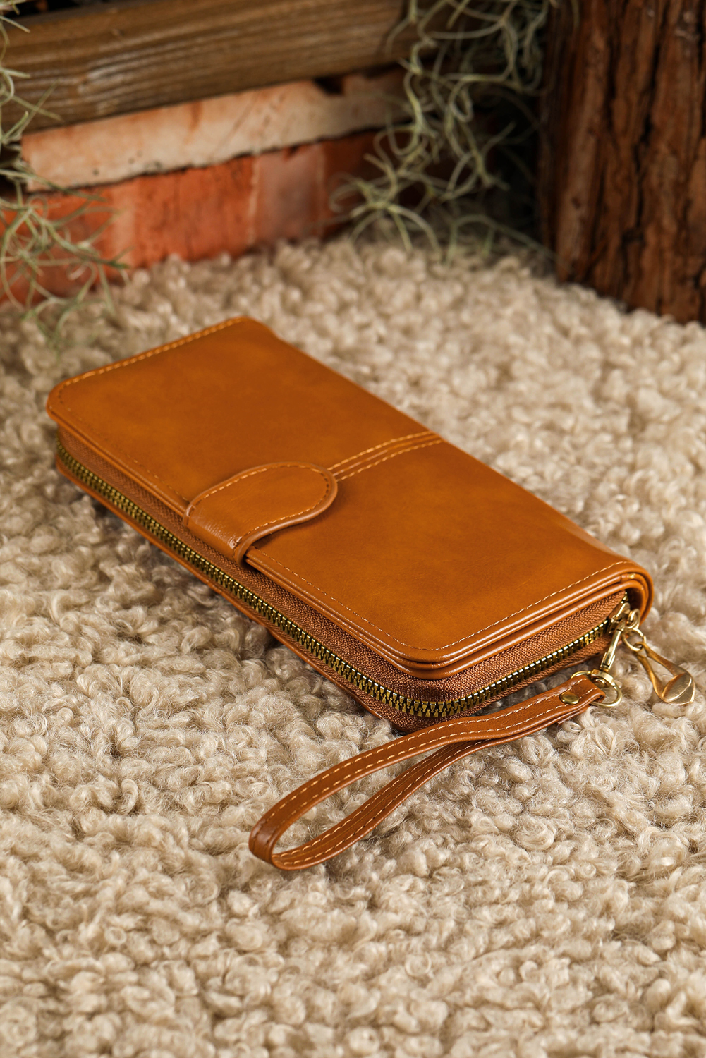 Cinnamon Faux Leather Zip Around Wrist Strap Long Wallet