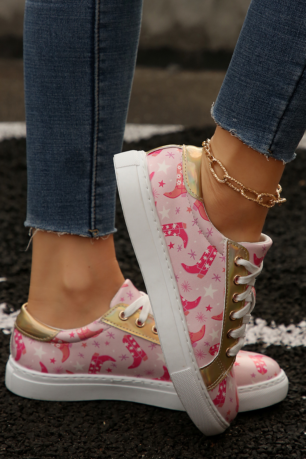 Pink Boots Print PU Leather Lace-up Shoes