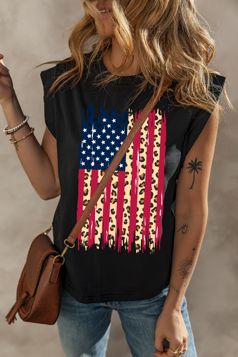 Black Leopard US Flag Printed Sleeveless Cotton Top