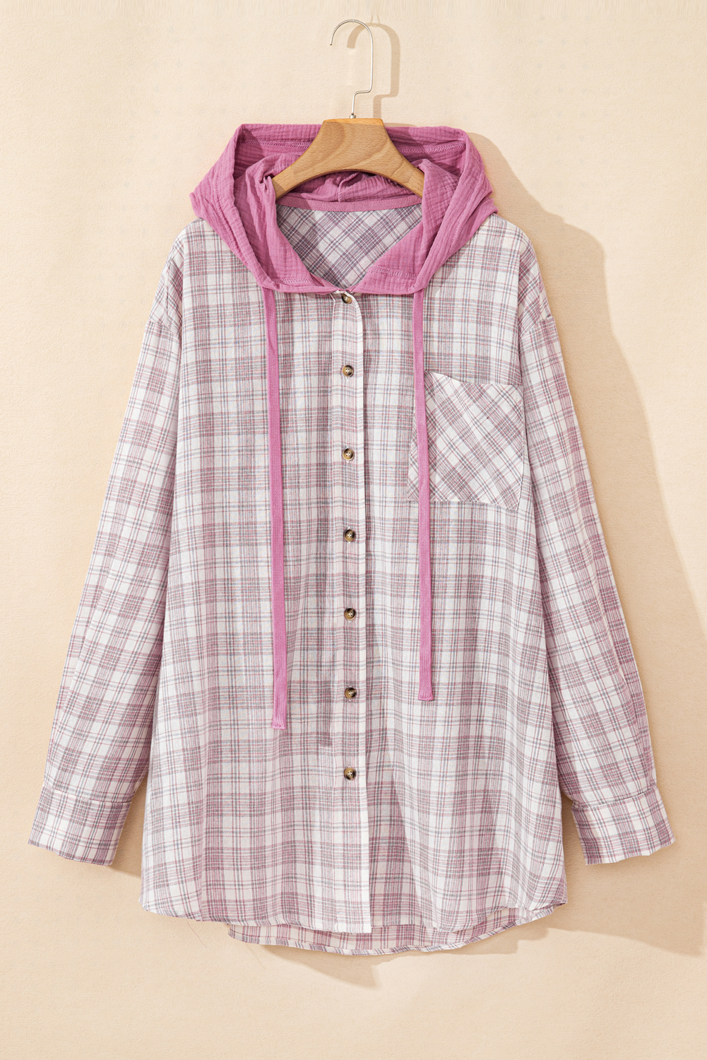 Khaki Checkered Print Loose Fit Buttoned Hooded Shacket