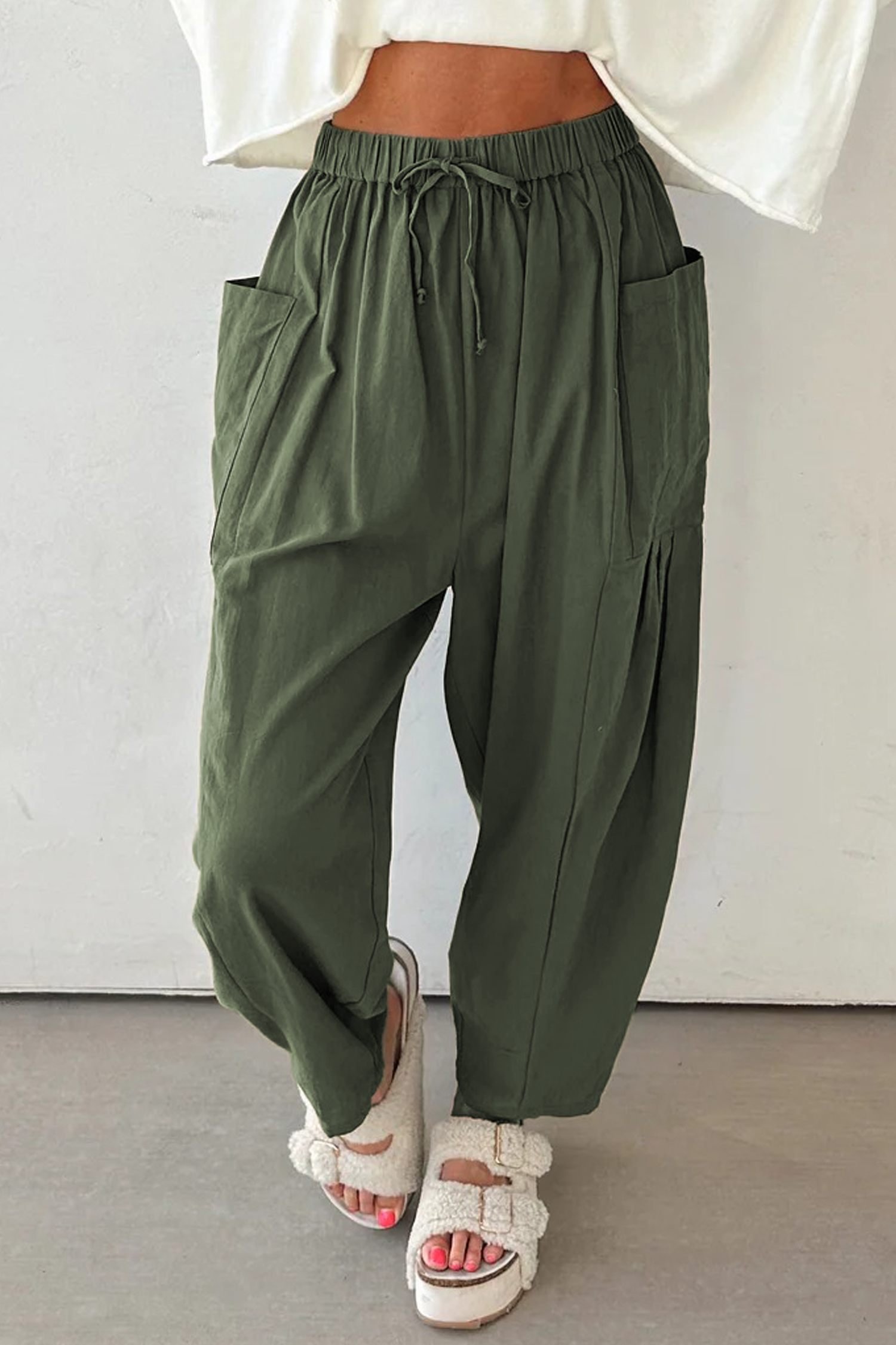Black Drawstring Elastic Waist Patch Pocket Barrel Leg Casual Pants