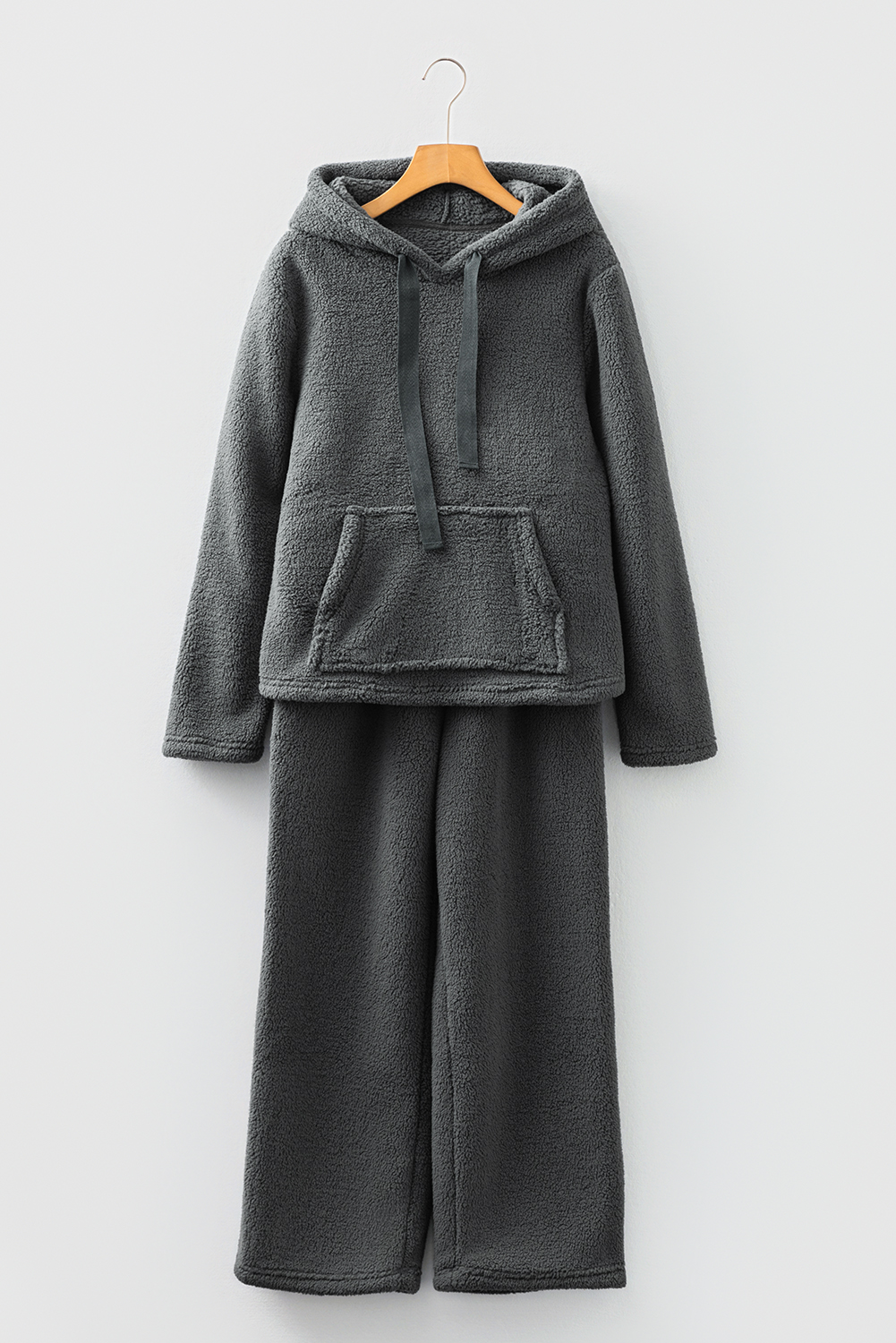 Medium Grey Fuzzy Drawstring Hoodie Lounge Pants 2pcs Set