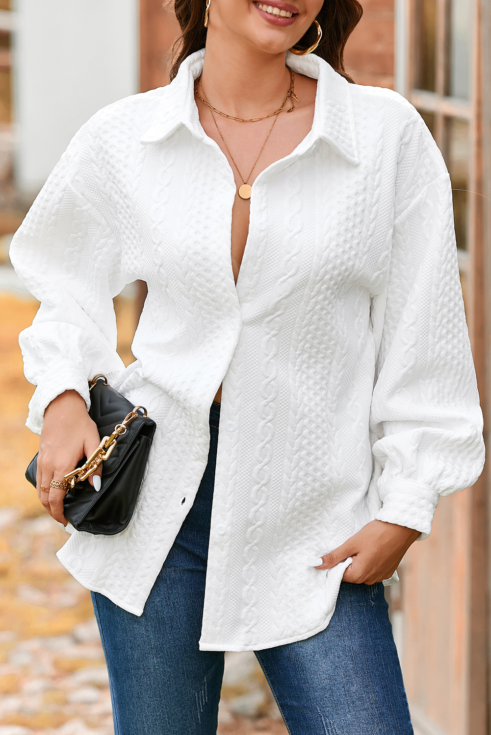 Sepia Rose Cable Texture Puff Sleeve Loose Shacket