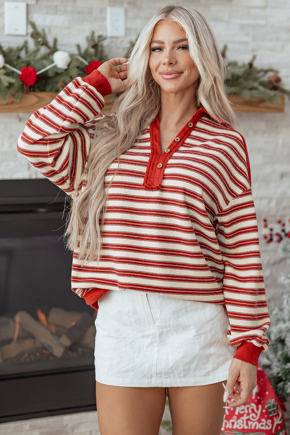 Red Stripe Buttoned V Neck Collared Drop Shoulder Top