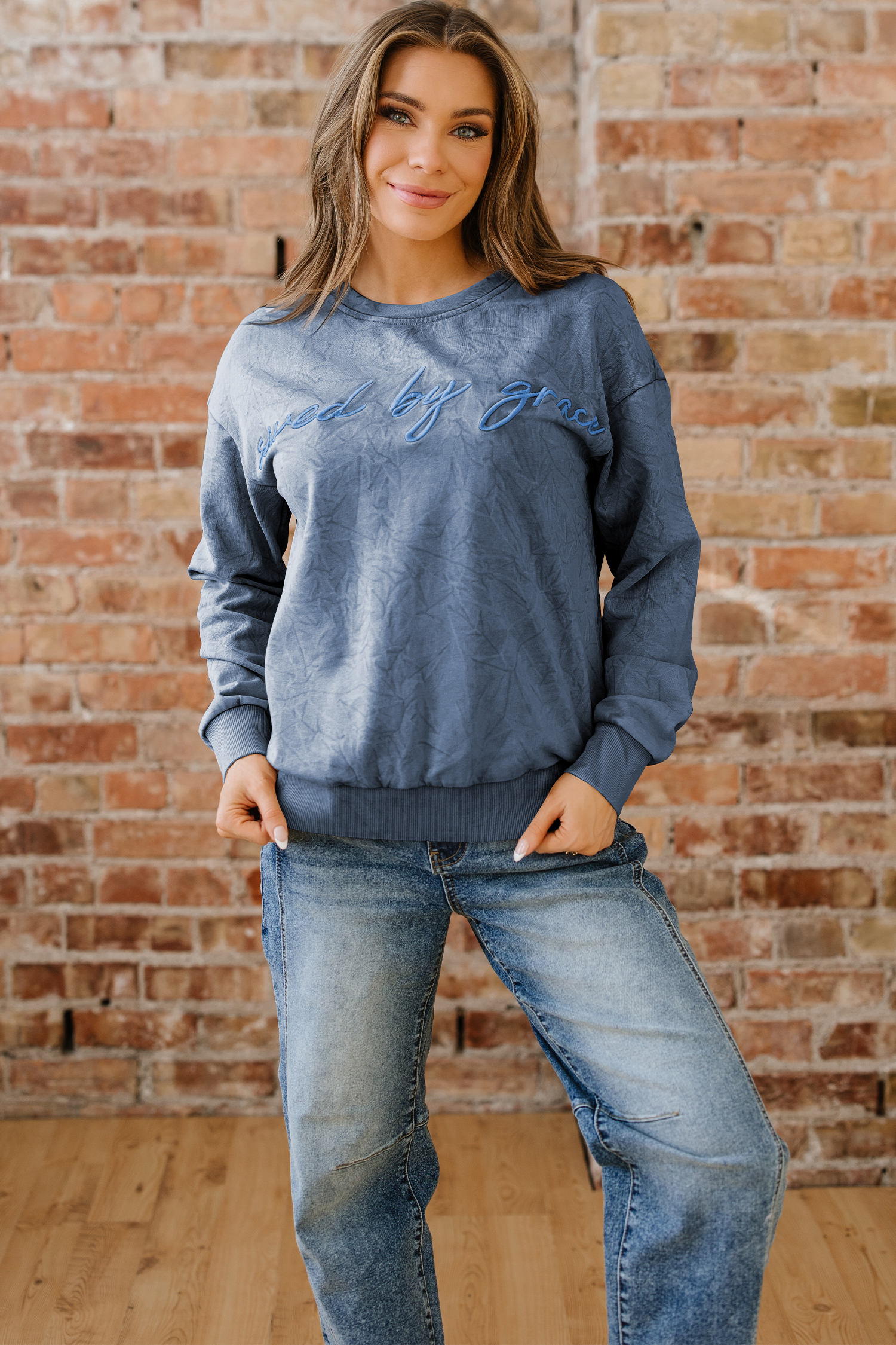 DUNE saved by grace Letter Embroidery Mineral Wash Loose Sweatshirt
