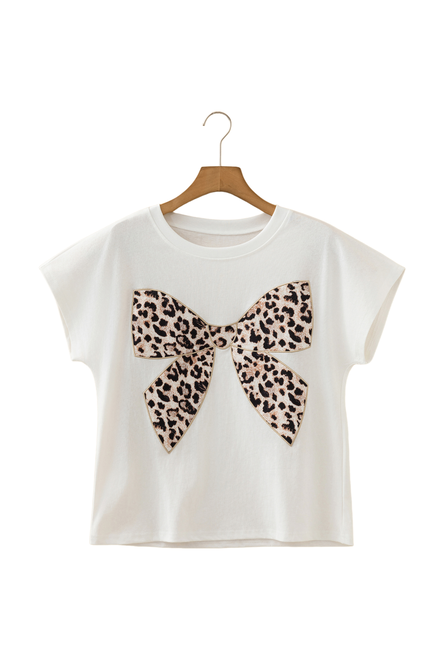 Pink Leopard Bow Embroidered Cotton Round Neck T Shirt